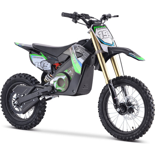 The green and black MotoTec 48v Pro Electric Dirt Bike 1600w Lithium, featuring number plates and knobby tires, is viewed at an angle from the front left side.