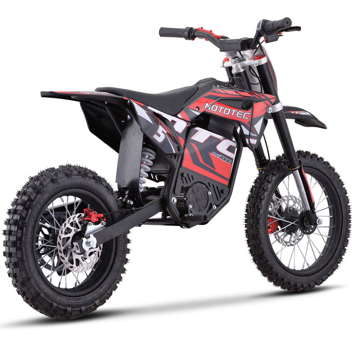 A sleek black and red MotoTec 60v Pro Electric Dirt Bike 2000w Lithium features knobby tires and a sporty design, shown on a white background.