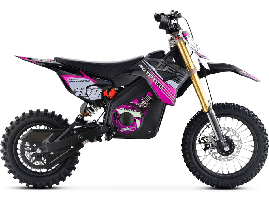 The MotoTec 36v Pro Electric Dirt Bike 1000w Lithium, branded by MotoTec, is a black and pink off-road bike with rugged tires and a lithium battery, showcasing the number "139" on its side panel against a white background.