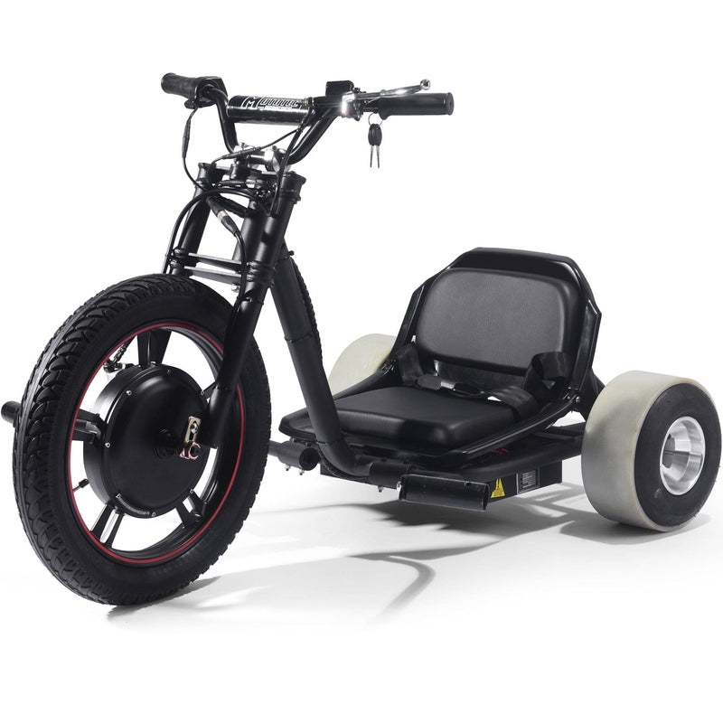 Introducing the MotoTec Drifter 48v 800w Electric Trike Lithium, a sleek black three-wheeled marvel featuring a large front tire, small rear wheels, and a low-sitting seat. This high-performance trike is equipped with a powerful 48v Lithium Battery and Front Hydraulic Disk Brake for enhanced safety and performance.
