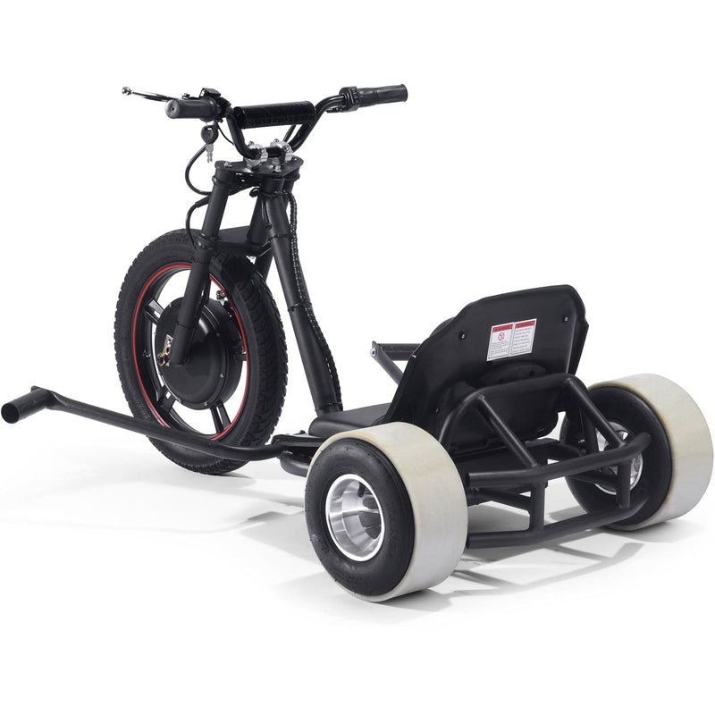The MotoTec Drifter 48v 800w Electric Trike Lithium by MotoTec boasts an 800-watt motor, a sleek black electric design, a front hydraulic disk brake, and rear plastic wheels, making it perfect for drifting and stunts.