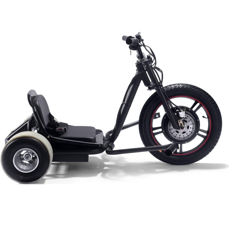 The MotoTec Drifter 48v 800w Electric Trike Lithium by MotoTec features a black frame, two rear tires, one large front tire, a padded seat, and a powerful 48v lithium battery. For enhanced safety, it comes equipped with a front hydraulic disk brake.