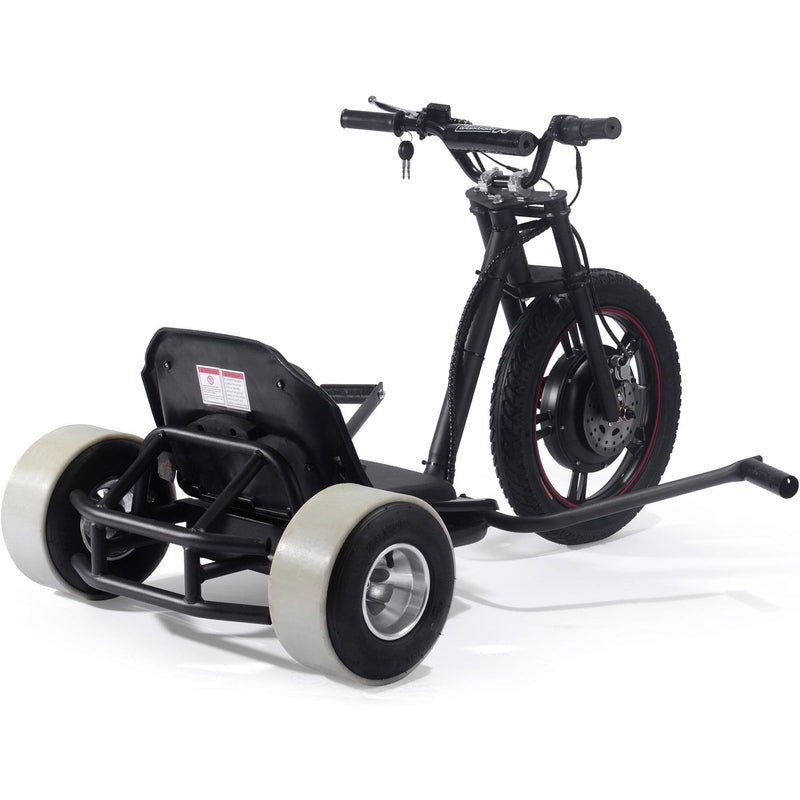 The MotoTec Drifter 48v 800w Electric Trike Lithium by MotoTec is a black motorized drift trike featuring a powerful 800-watt motor, a large front wheel, two smaller rear wheels, a low seat, handlebars, and a front hydraulic disk brake.
