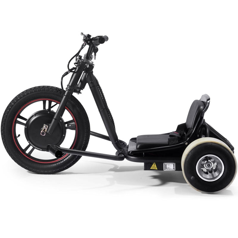 The MotoTec Drifter 48v 800w Electric Trike Lithium by MotoTec is a black, motorized drifter trike with an 800-watt motor, featuring a large front wheel, two smaller rear wheels, a 48v lithium battery, and a front hydraulic disk brake.