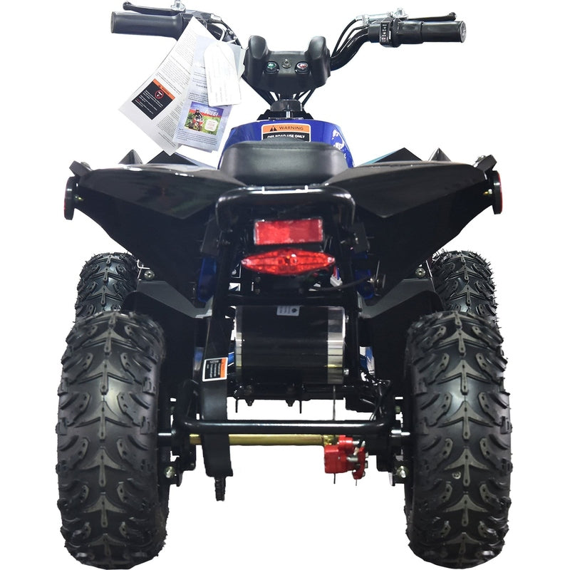 Rear view of an all-terrain MotoTec E-Bully 36v 1000w ATV with thick, rugged tires and handlebars, featuring a tag attached to the handlebars.