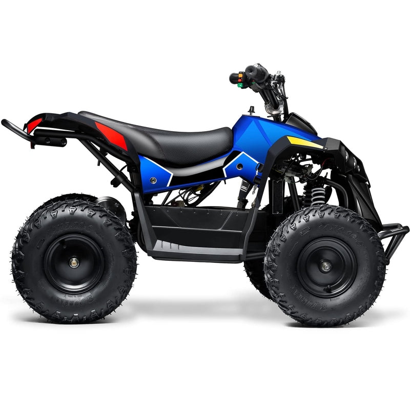 Side view of a MotoTec E-Bully 36v 1000w ATV in blue and black, featuring large, rugged tires against a white background.