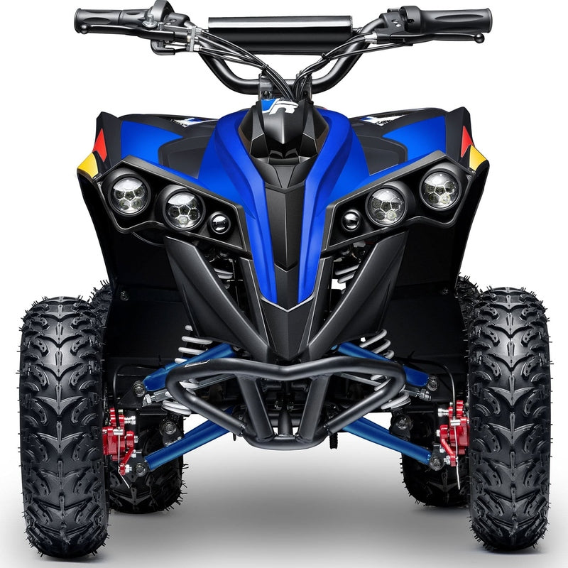 Front view of a blue and black MotoTec E-Bully 36v 1000w ATV with large, rugged tires and detailed suspension components. Powered by a 1000-watt motor, this MotoTec vehicle promises both power and durability for young adventurers.