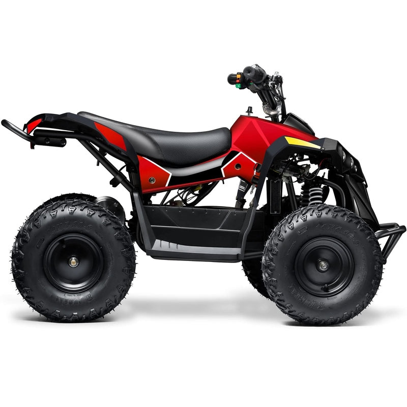The MotoTec E-Bully 36v 1000w ATV, a powerful electric vehicle designed for young adventurers, showcases an eye-catching red design with black accents and large knobby tires. It is depicted from the left side against a white background.