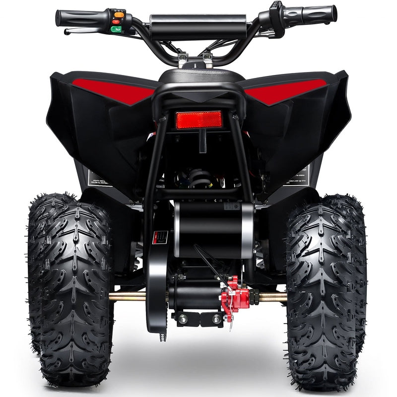 Rear view of a black and red MotoTec E-Bully 36v 1000w ATV, highlighting its thick, knobby tires and sturdy handlebars.