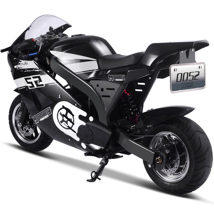 A sleek MotoTec 1000w 48v Electric Superbike Black, featuring a racing number and detailed decals, viewed from the rear.