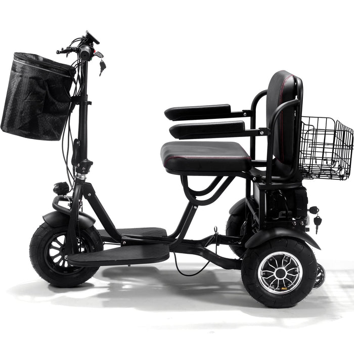 A side view of the MotoTec Folding Mobility Electric Trike 48v 1000w Dual Motor Lithium Black, featuring a rear basket, front bag, cushioned seat, and armrests.