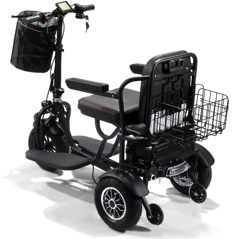 A rear view of the MotoTec Folding Mobility Electric Trike 48v 1000w Dual Motor Lithium Black, showcasing its seat, handlebars, storage basket, and chrome-detailed wheels.