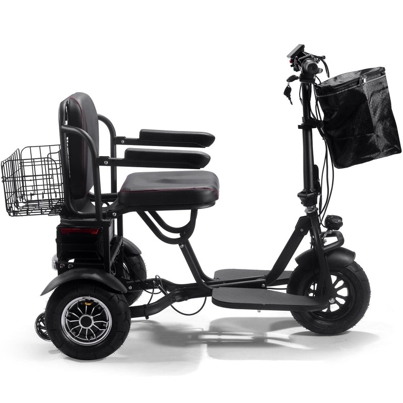 Here is a side view of the MotoTec Folding Mobility Electric Trike 48v 1000w Dual Motor Lithium in black, featuring three wheels, a front basket, and two cushioned seats designed for two passengers.