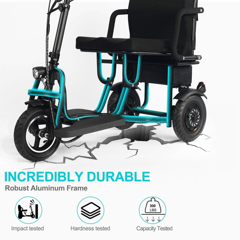 The MotoTec Folding Mobility Electric Trike 48v 700w Dual Motor Lithium Black, with its robust aluminum frame and three-wheel design, is depicted with cracks underneath to demonstrate the rigorous durability tests it has undergone.