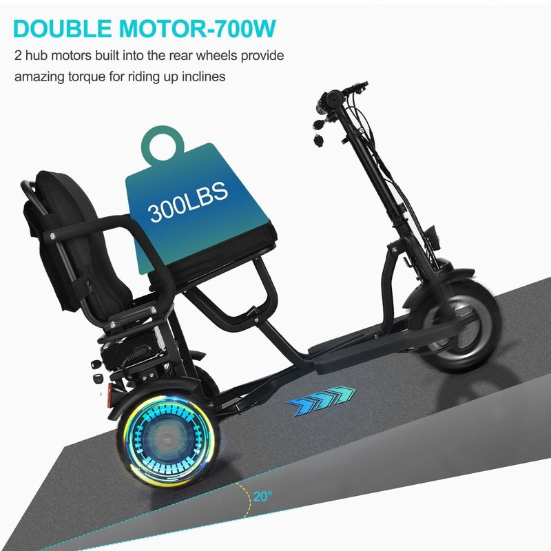 The MotoTec Folding Mobility Electric Trike 48v 700w Dual Motor Lithium Black showcases its dual 700W motors, supporting a weight capacity of up to 300lbs and offering a climbing ability of 20°. This efficient and convenient mobility scooter is equipped with a lithium battery, making it ideal for traversing inclines.