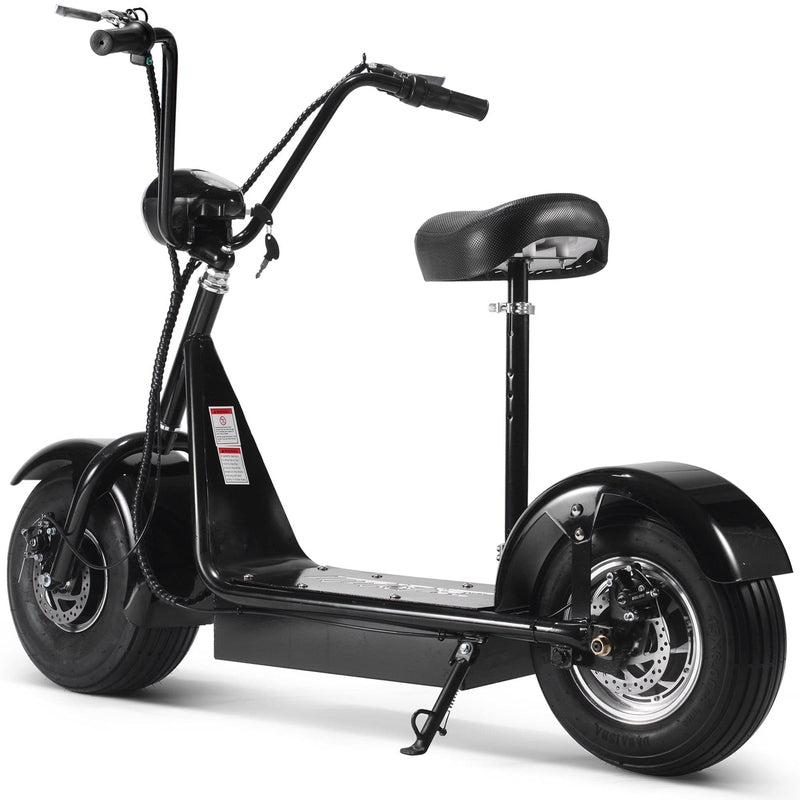 The MotoTec FatBoy 48v 800w Electric Scooter in black comes equipped with a seat, thick tires, an 800w rear hub motor for everyday commuting, and a kickstand.
