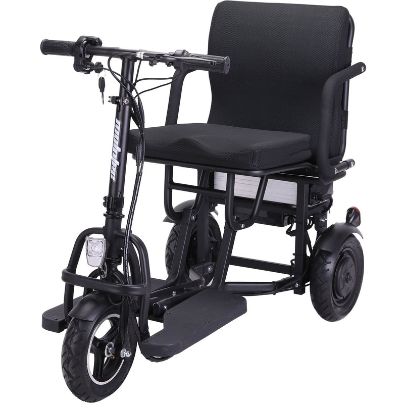The MotoTec Folding Mobility Electric Trike 48v 700w Dual Motor Lithium Black by MotoTec features a foldable design, a black cushioned seat, three-wheel styling, handlebars, and a headlight.