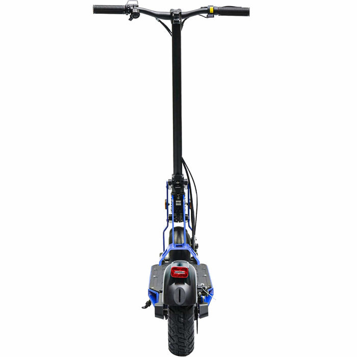 Front view of a blue MotoTec Free Ride 48v 600w Lithium Electric Scooter by MotoTec, featuring a wide deck, single rear wheel, and handlebars with a center display.