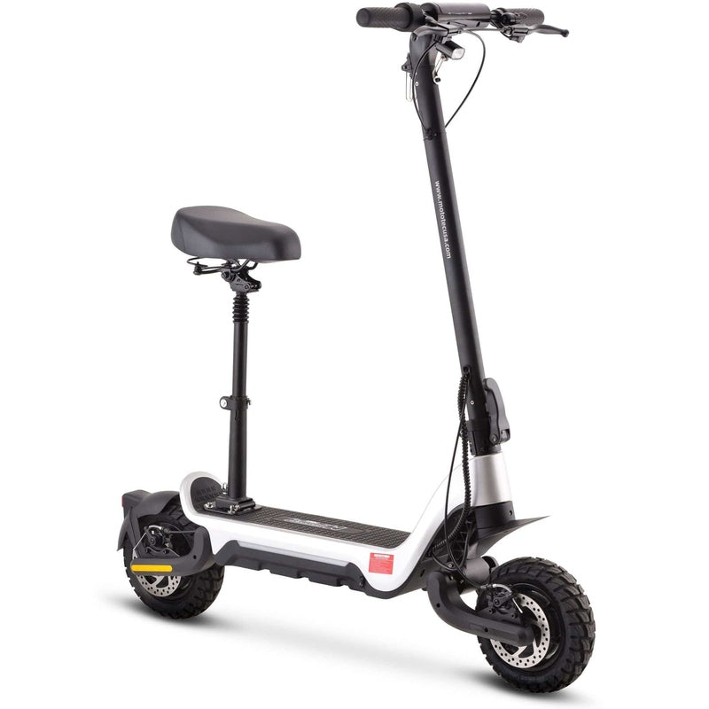 The MotoTec Fury 48v 1000w Lithium Electric Scooter by MotoTec is a sleek black model featuring a padded seat, dual suspension system, thick tires, and handlebars equipped with brake levers and throttle control.