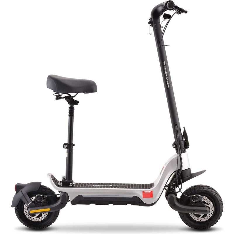Side view of the MotoTec Fury 48v 1000w Lithium Electric Scooter in black and white, featuring dual suspension, a seat, thick tires, and handlebar controls.
