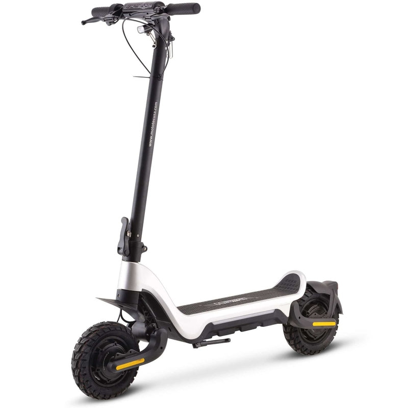 Introducing the MotoTec Fury 48v 1000w Lithium Electric Scooter by MotoTec, a sleek black and white electric scooter boasting large tires, yellow side reflectors, and dual suspension for an exceptionally smooth ride.