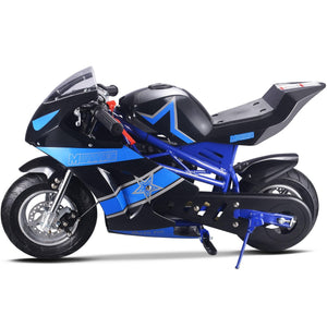 The MotoTec Gas Pocket Bike GT 49cc 2-stroke by MotoTec, featuring a sleek blue and black design with star graphics and pneumatic tires, is parked on a white background.