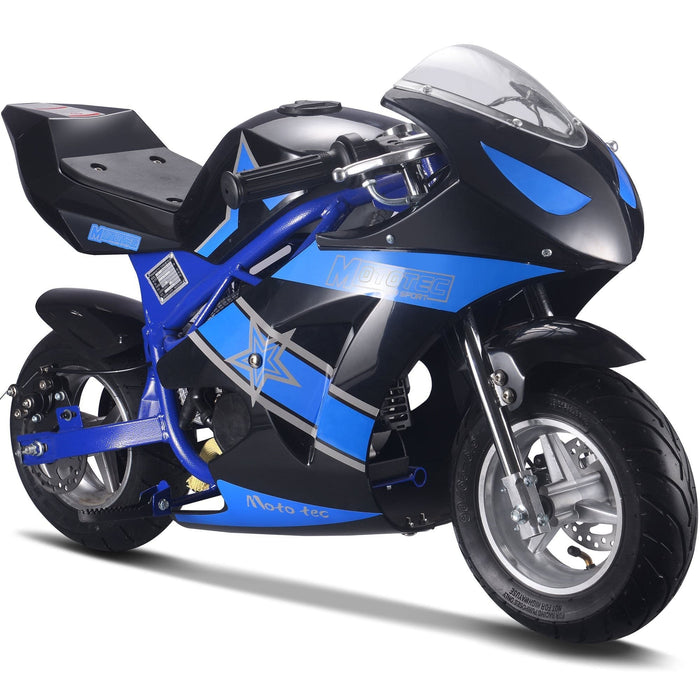 MotoTec Gas Pocket Bike GT 49cc 2-stroke by MotoTec featuring a sleek design, pneumatic tires, and star graphic on the body in blue and black.