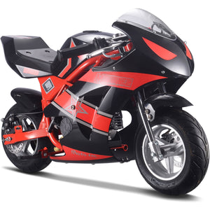 Introducing the MotoTec Gas Pocket Bike GT, a sleek and sporty mini motorcycle with a 49cc 2-stroke engine, featuring an aerodynamic black and red design adorned with dynamic decals.