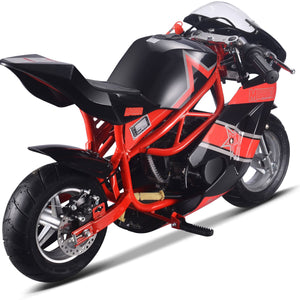 Introducing the MotoTec Gas Pocket Bike GT 49cc 2-stroke by MotoTec, a sleek black and red bike featuring a streamlined body, an exposed red frame, pneumatic tires, and racing decals on a white background.