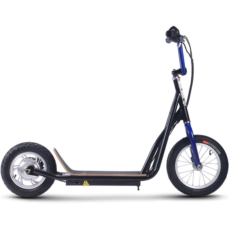 Side view of the MotoTec Groove 36v 350w Big Wheel Lithium Electric Scooter featuring a blue front fork and large, thick tires, powered by a 350W motor.