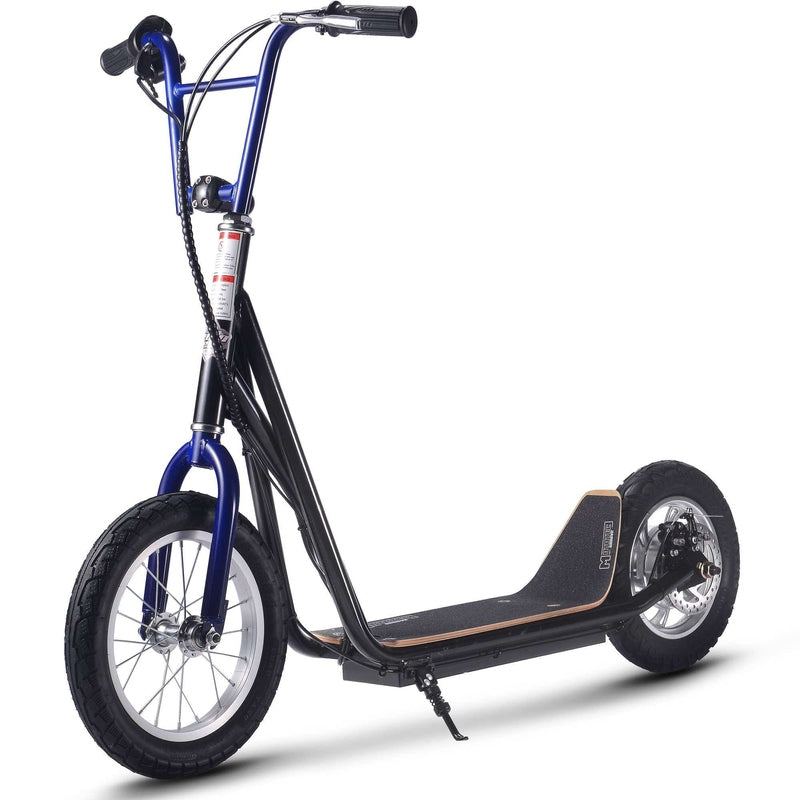 The MotoTec Groove 36v 350w Big Wheel Lithium Electric Scooter boasts a powerful 350W motor, large tires, a stylish black and blue frame, a convenient kickstand, and a sleek wooden deck.