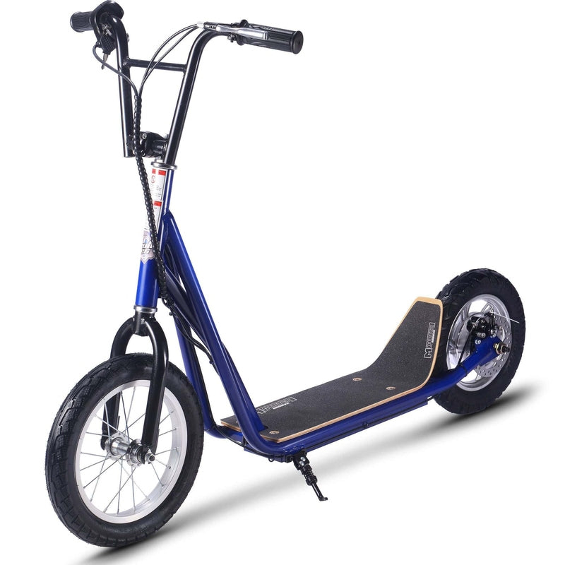 Introducing the MotoTec Groove 36v 350w Big Wheel Lithium Electric Scooter by MotoTec. This blue kick scooter comes with large wheels, a sleek black deck, and sturdy handlebars. It also includes a convenient kickstand for upright support and features a powerful 350W motor.
