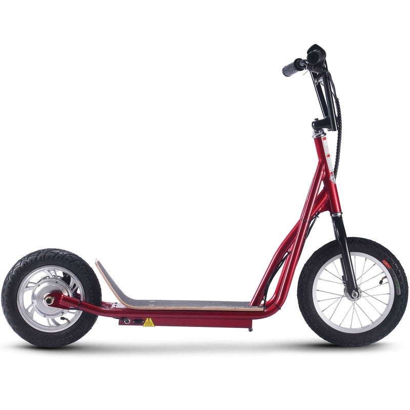 Red MotoTec Groove 36v 350w Big Wheel Lithium Electric Scooter with large black wheels, a handlebar featuring hand brakes, and displayed on a white background.
