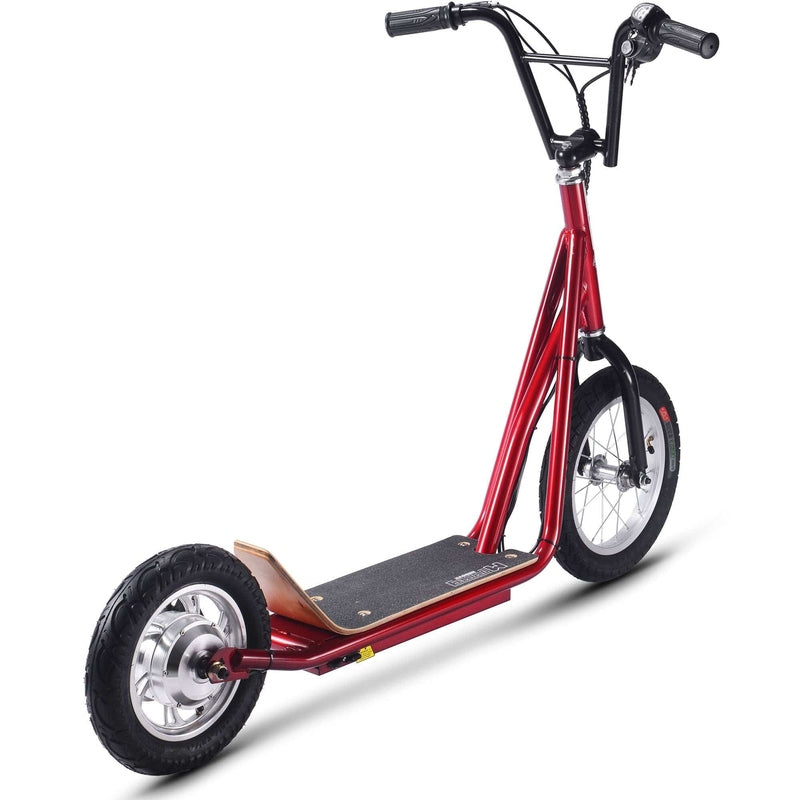 The MotoTec Groove 36v 350w Big Wheel Lithium Electric Scooter by MotoTec boasts a striking red frame, large black tires, and a sleek black deck with matching handlebars set against a white background. Equipped with a powerful 350W motor, this scooter combines both style and performance seamlessly.