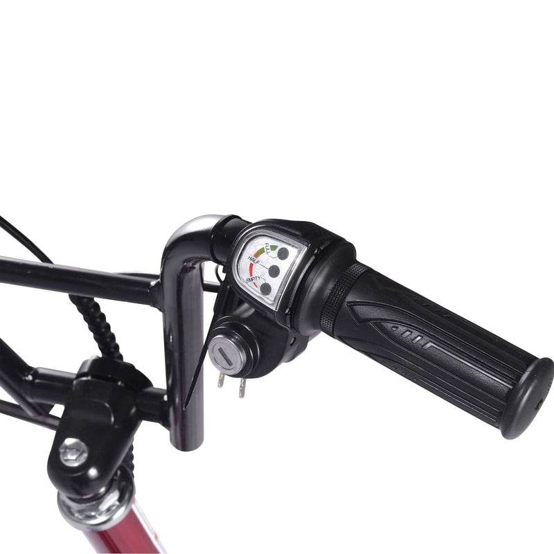 Close-up of the MotoTec Groove 36v 350w Big Wheel Lithium Electric Scooter handlebar, featuring a twist-grip throttle with a display and key slot, showcasing the power of its 350W motor.