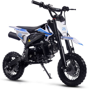 The MotoTec Hooligan 72cc 4-Stroke Gas Dirt Bike Blue is a small off-road dirt bike with a black body, white and blue accents, and rugged knobby tires on a white background—perfect for kids starting with off-road riding.