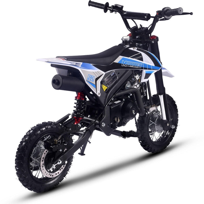 A blue and black minibike featuring knobby tires, a dirt bike style frame, and branded with the name "M Monster" on the side. Ideal for off-road riding, this kids starter dirt bike is reminiscent of the MotoTec Hooligan 72cc 4-Stroke Gas Dirt Bike Blue from MotoTec.