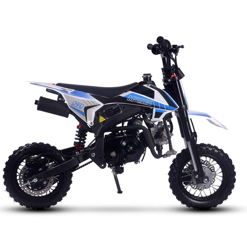 A side view of the MotoTec Hooligan 72cc 4-Stroke Gas Dirt Bike in blue, features off-road tires and a compact engine, ideal as a kids' starter dirt bike.