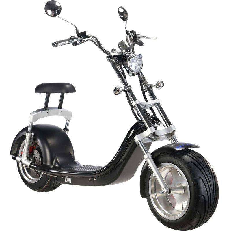 The MotoTec Knockout 60v 2500w Lithium Electric Scooter Black boasts a sleek black frame, wide tires, dual mirrors, and a headlight on the front handlebars. Powered by a robust 60V 2500W motor and a durable lithium battery, this scooter delivers both style and performance.