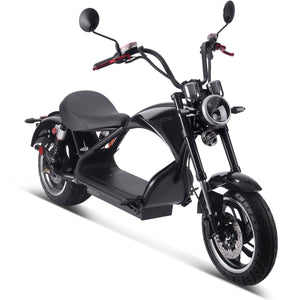 A sleek MotoTec Lowboy electric scooter in black, featuring a wide seat, large tires, rearview mirrors, a front headlight, and powered by a robust 60v 2500w motor.