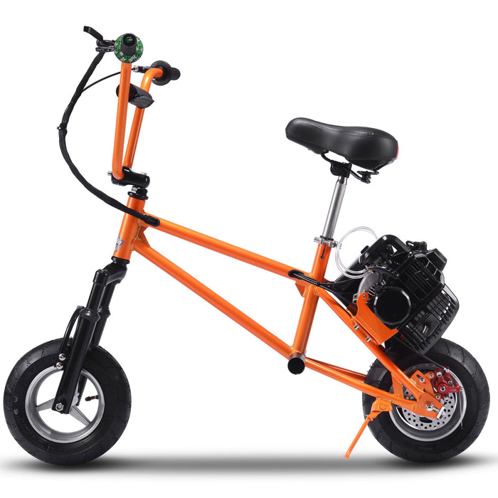 The MotoTec 49cc Gas Mini Bike V2 by MotoTec is a compact orange motorized bike featuring a black seat, BMX style handlebars, a visible 49cc gas engine mounted on the rear wheel, and a rear disc brake.