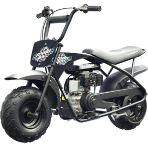 The MotoTec 105cc 3.5HP Gas Powered Mini Bike boasts a rugged steel frame, off-road tires, and prominent MotoTec branding on the front plate and frame.