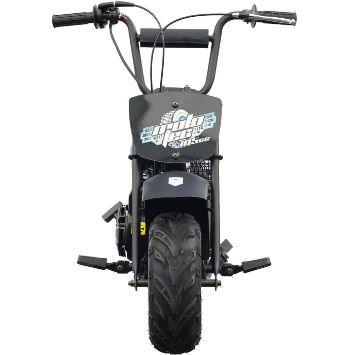 Front view of the MotoTec 105cc 3.5HP Gas Powered Mini Bike in black, showcasing its thick tire, handlebars, front plate graphic, and rugged steel frame.