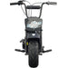 Front view of the MotoTec 105cc 3.5HP Gas Powered Mini Bike in black, showcasing its thick tire, handlebars, front plate graphic, and rugged steel frame.