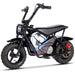 The MotoTec 24v 250w Electric Mini Bike in black, featuring thick off-road tires and an "M" logo on the side, is powered by a 250w electric motor and perfect for rugged terrain.