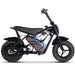 The MotoTec 24v 250w Electric Mini Bike Black, by MotoTec, is equipped with rugged wheels and features a striking blue and grey design on the frame. Powered by a 250w electric motor and fitted with a black seat, it is perfect for navigating rugged terrain.