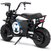 A MotoTec 48v 1000w Electric Mini Bike in black, featuring rugged tires, a black seat, and a prominent "M" logo on the frame, viewed from a rear angle.