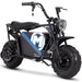 The MotoTec 48v 1000w Electric Mini Bike Black features a powerful 1000w electric motor, oversized knobby tires, a headlight, and a distinctive blue and white "M" logo on the side. It's perfect for tackling rugged terrain.