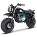 The MotoTec 60v 1500w Electric Powered Mini Bike Lithium Black, featuring large knobby tires, blue accents, a round headlight, and a black seat, is shown from the front-right angle.