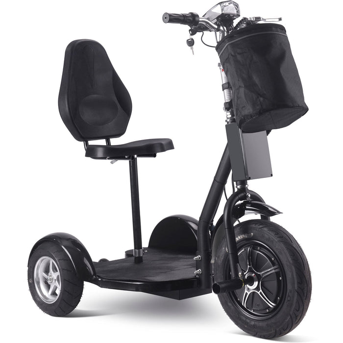 The MotoTec Electric Trike 48v 1000w Lithium Black by MotoTec is a sleek, three-wheeled electric trike with a powerful 1000 watt motor, featuring a cushioned seat and a convenient handlebar basket.